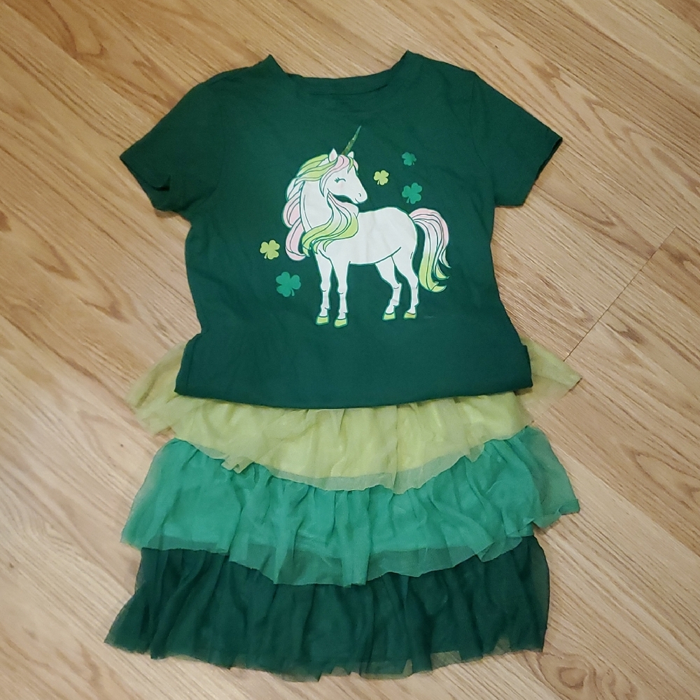 Green Unicorn/Shamrock T-Shirt and Tulle Skirt Set Medium 7/8 St. Patrick's Day